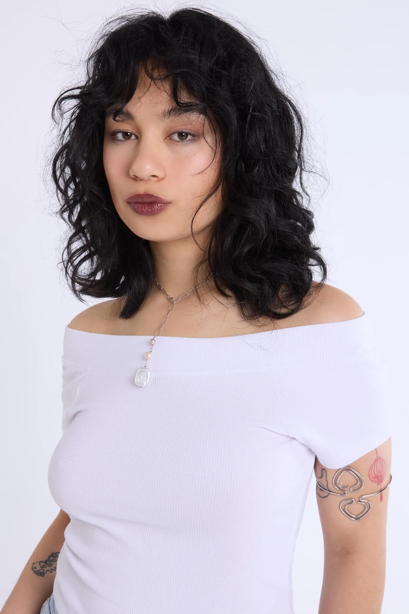 Short Sleeved Off Shoulder Ribbed Knit Top