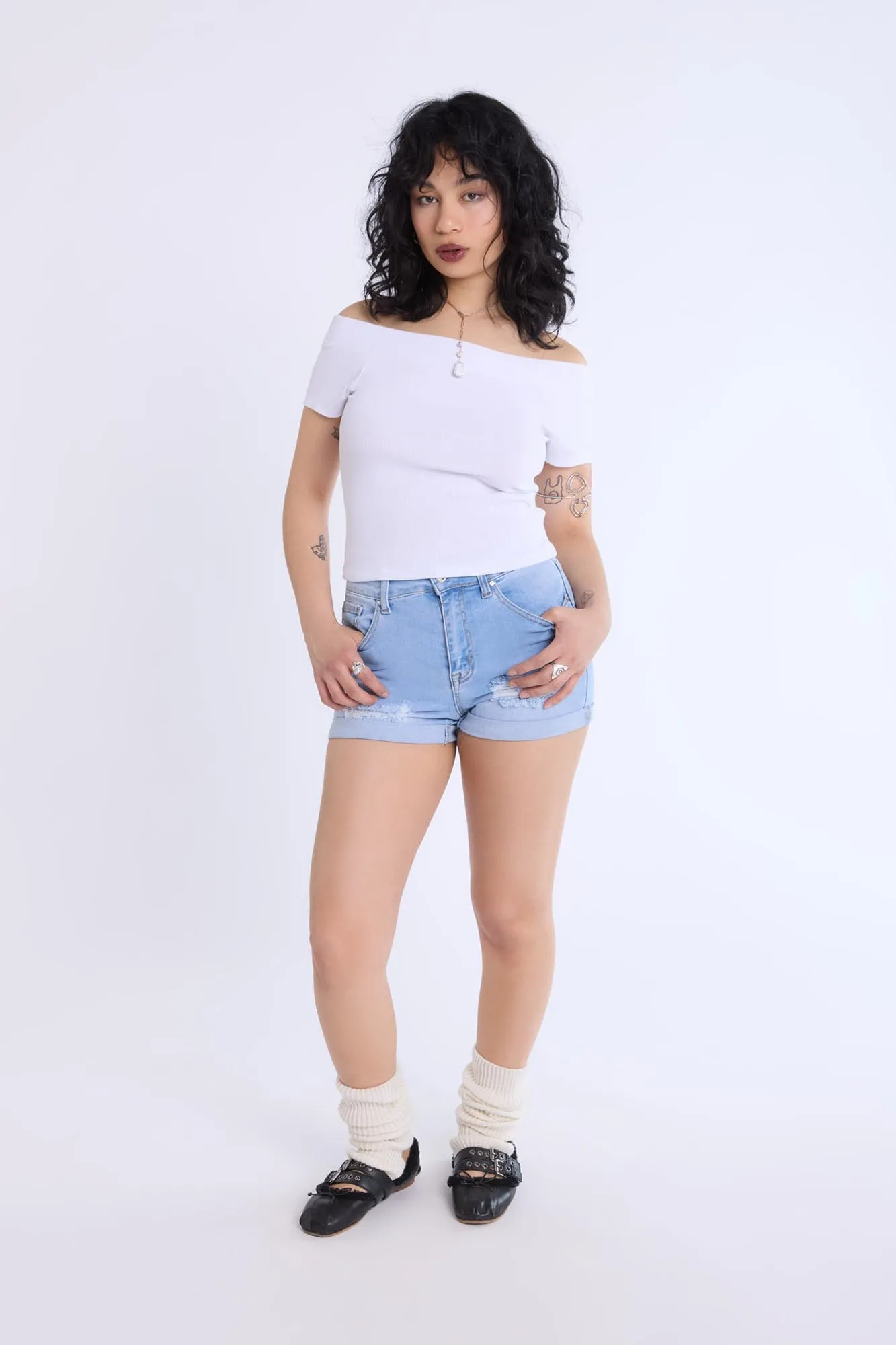 Short Sleeved Off Shoulder Ribbed Knit Top