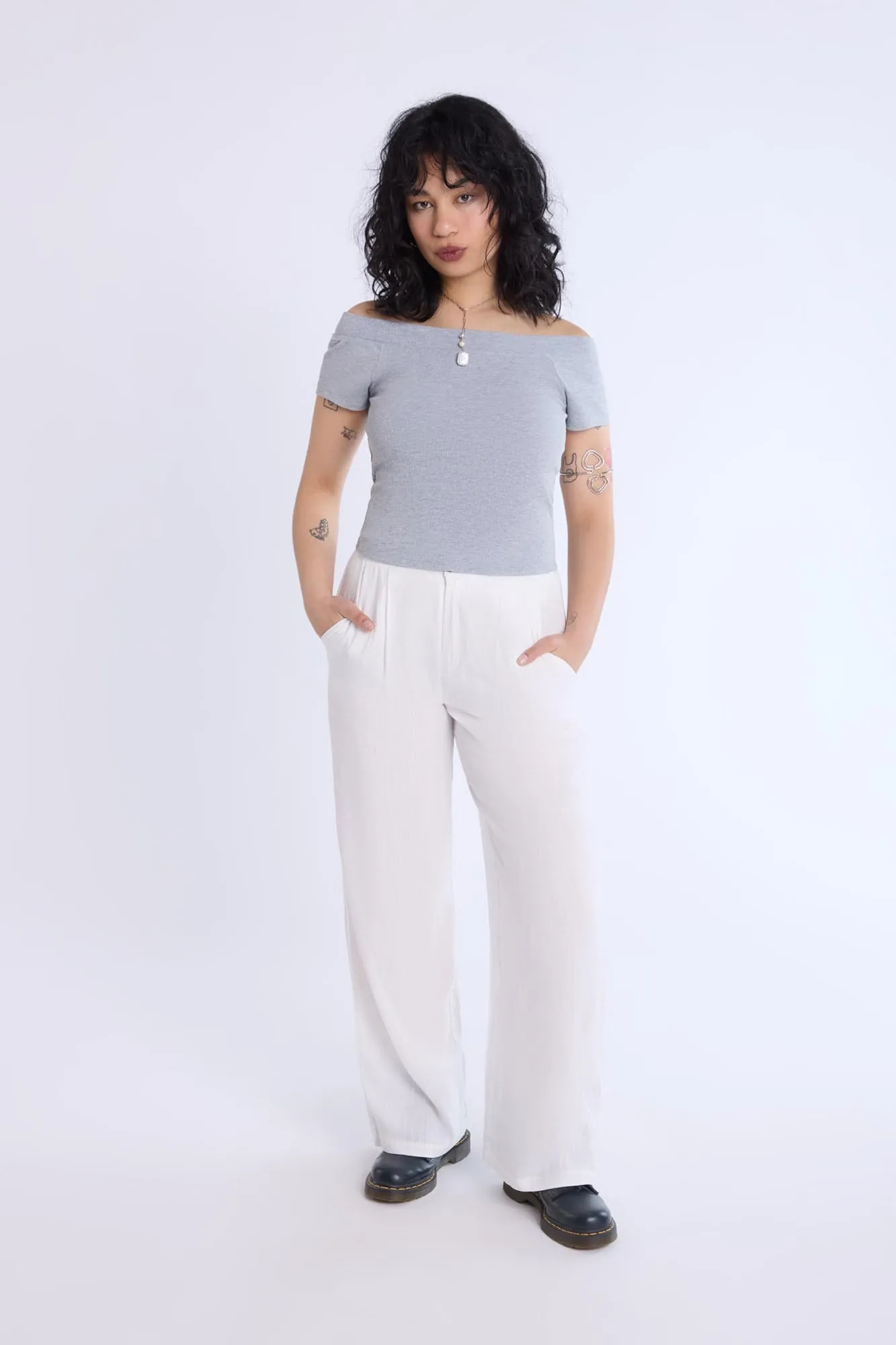 Short Sleeved Off Shoulder Ribbed Knit Top