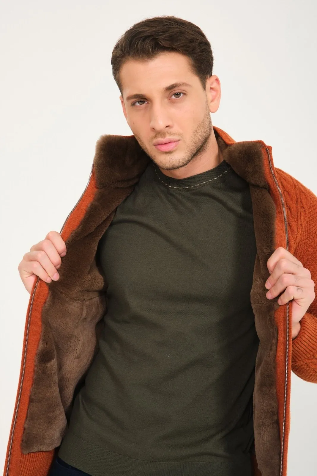 Tile Wool & Rex Fur Knit Cardigan