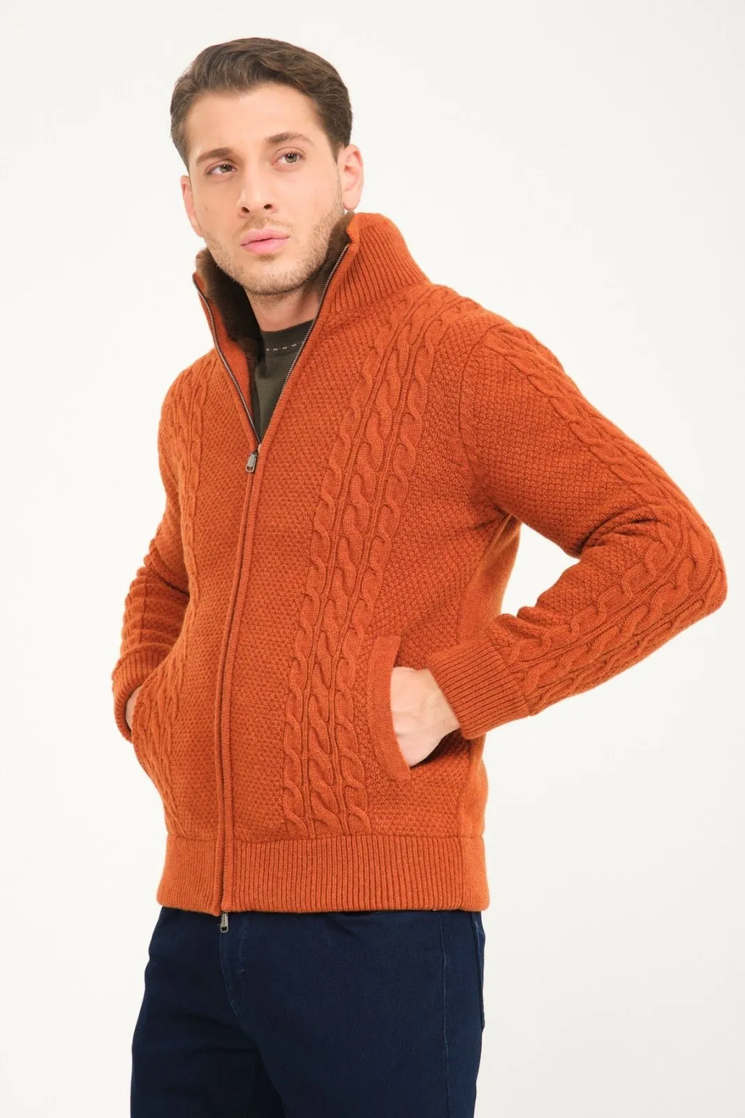 Tile Wool & Rex Fur Knit Cardigan