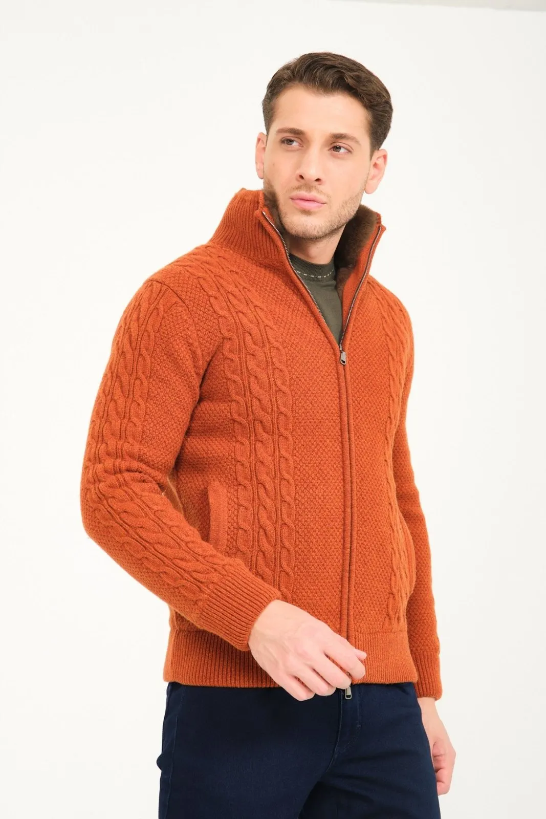 Tile Wool & Rex Fur Knit Cardigan