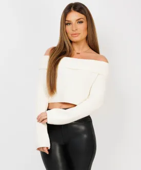 White Off Shoulder Long Sleeve Cropped Ribbed Sweater