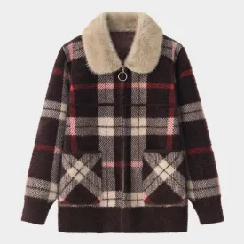 Womens Woolen Jacket  Faux Mink Fur Collar - Zipper Cardigan - Brown / Red